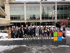 Photo of student tour group in front of Microsoft headquarters